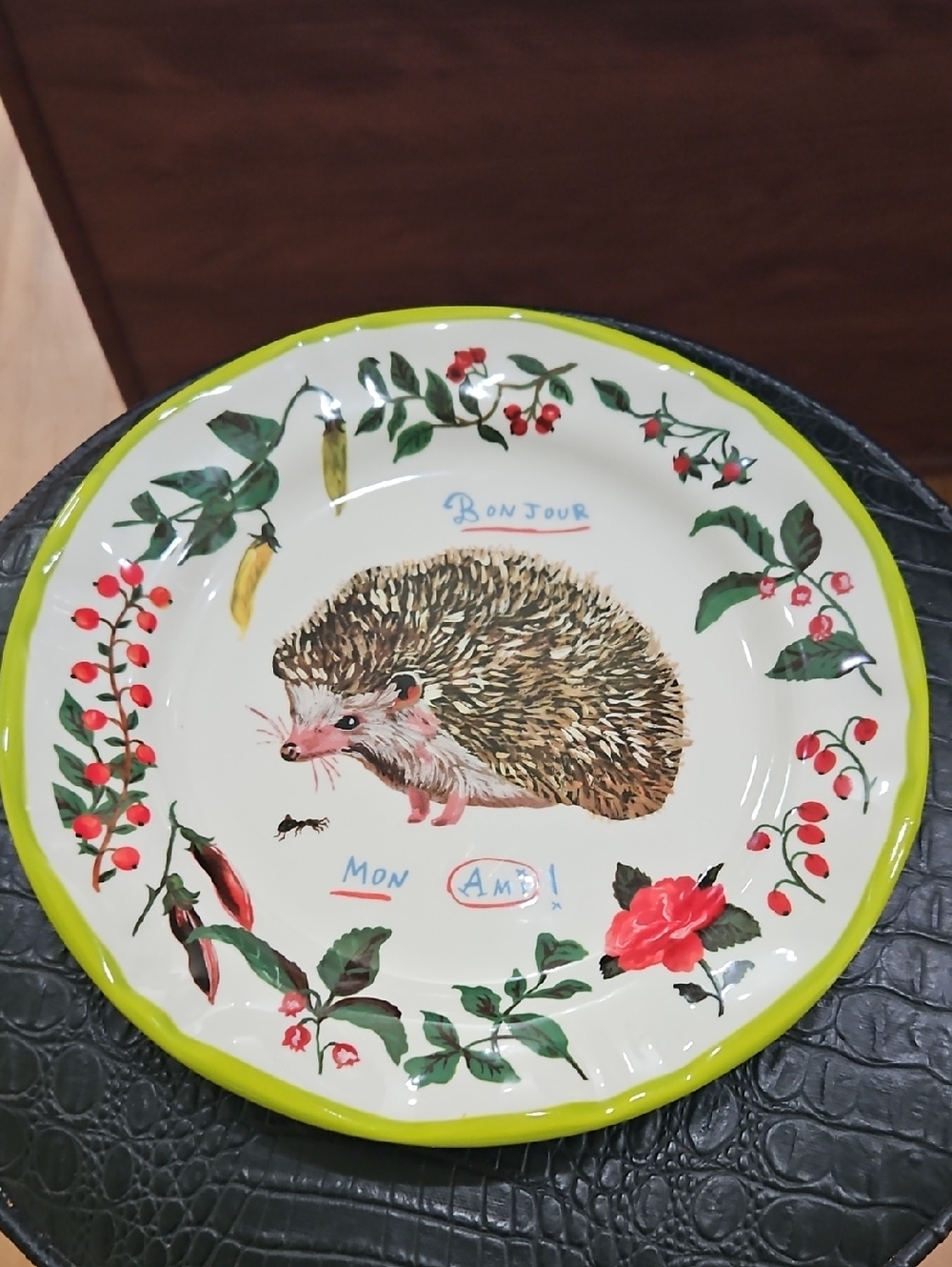 ANTHROPOLOGIE Nathalie Lete Hedgehog Francophile 10” Dinner Plate Lime Original